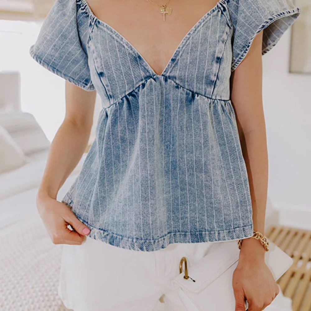Blue Pinstripe V-Neck Babydoll Denim Top
